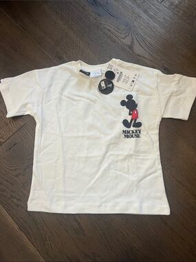 Zara Disney White Kids Tee with Mickey Mouse Silhouette and Red Shorts